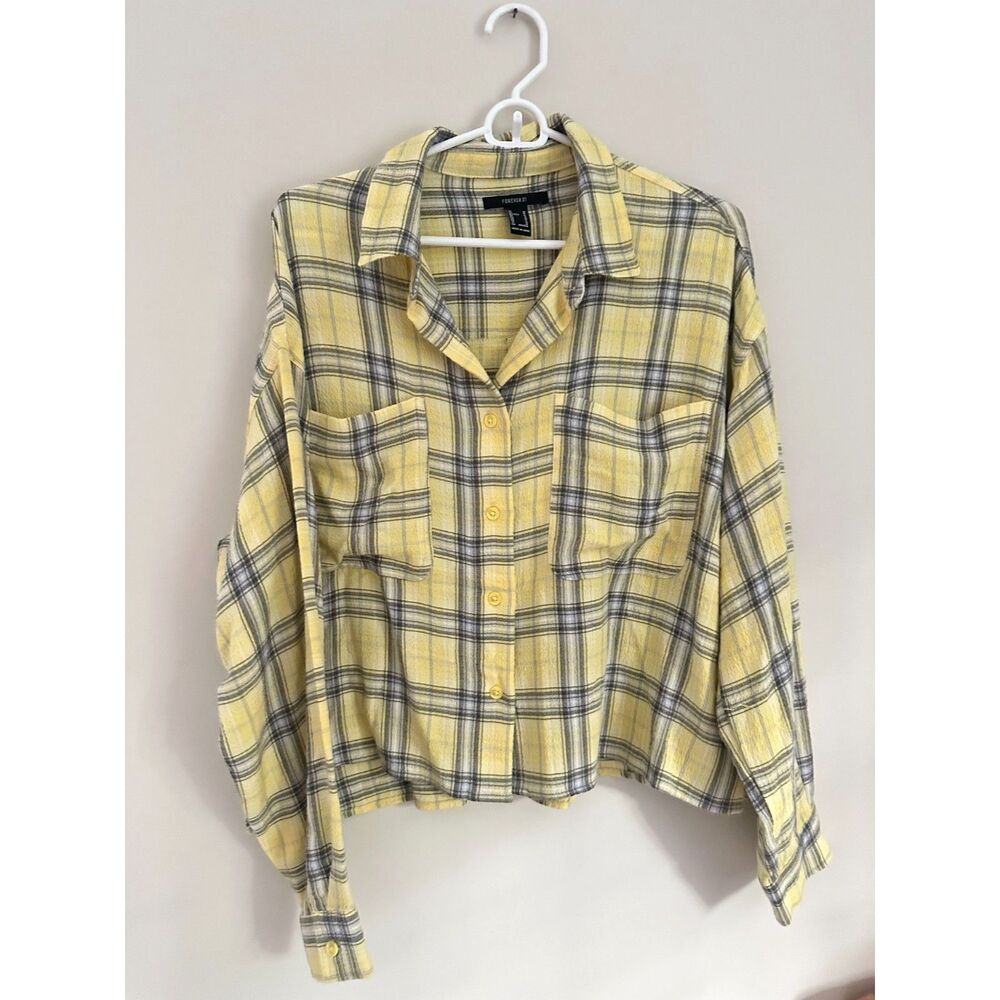 Forever 21 Yellow Plaid Button Up Shirt Size Medium Cropped Flannel Pocket Top
